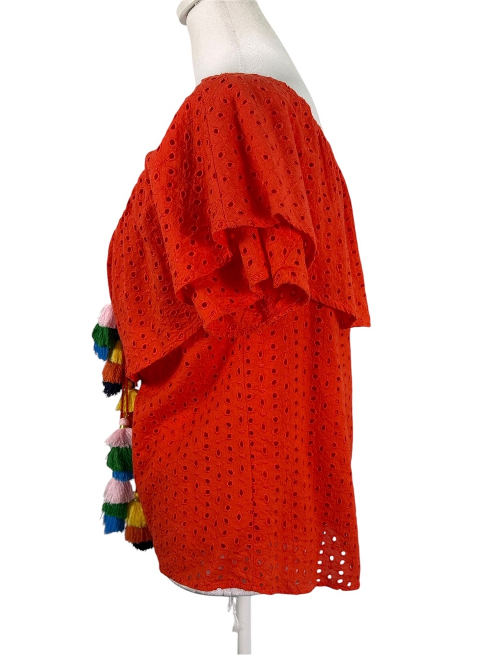 Tru Self Orange-Red Eyelet Off Shoulder Tassel Blouse Medium Boho Resort Top - Picture 8 of 11